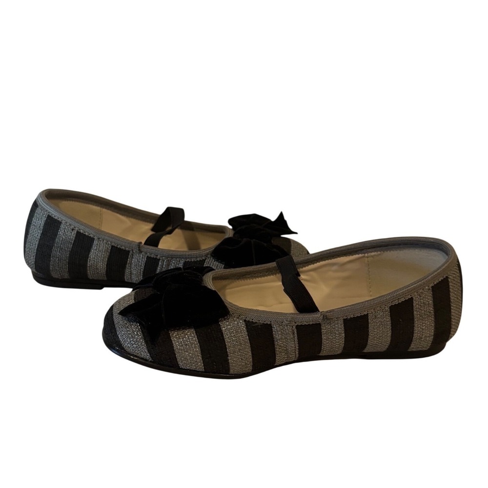 L'Amour Mary Jane Flats Girls 11 Black Silver Striped Velvet Bow Dress Shoes - Picture 6 of 10